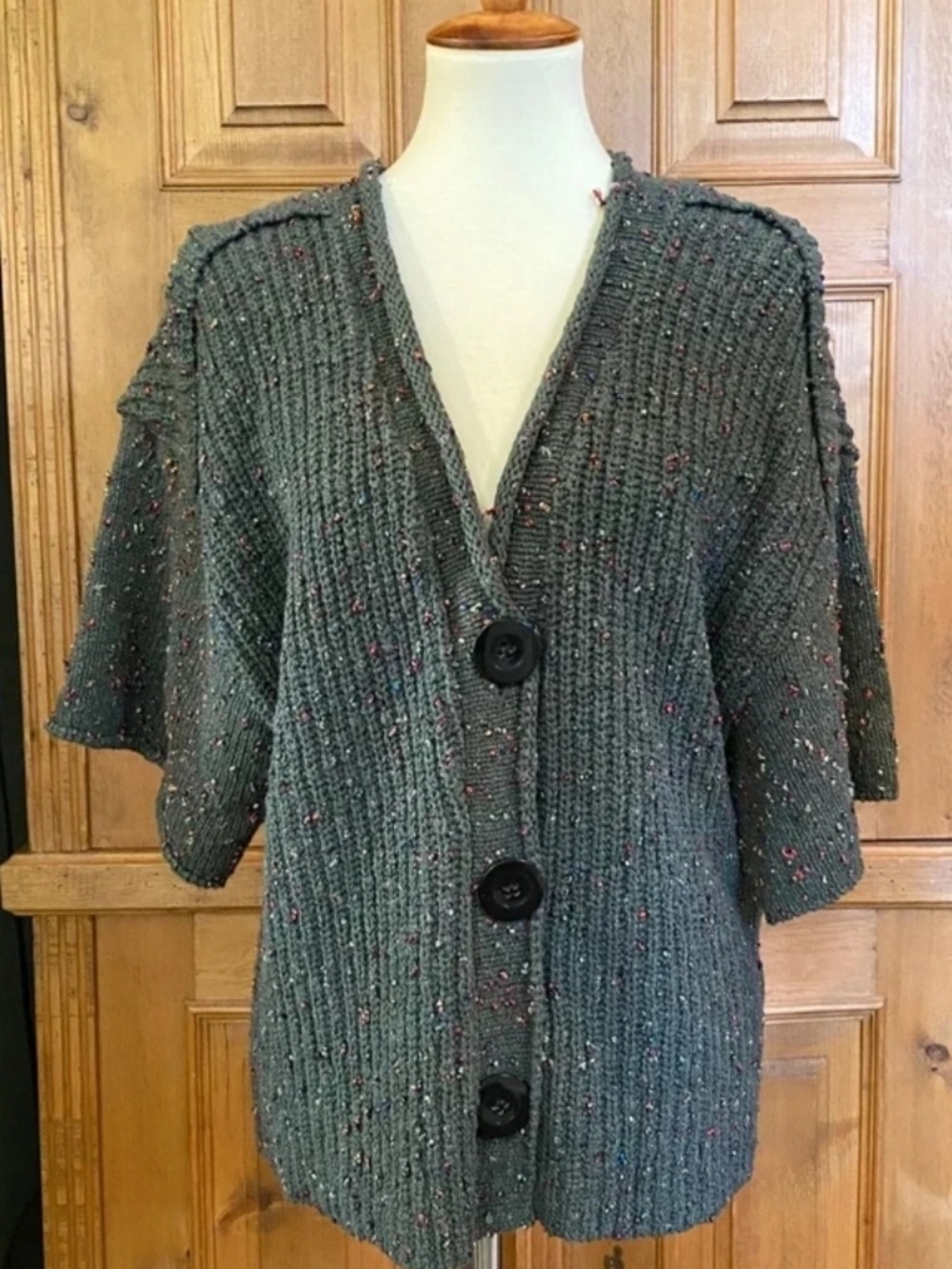 Willow Chunky Rib Knit Olive Green Speckled Short Sleeve Cardigan Large